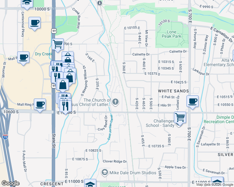 map of restaurants, bars, coffee shops, grocery stores, and more near 10441 South Beetdigger Boulevard in Sandy