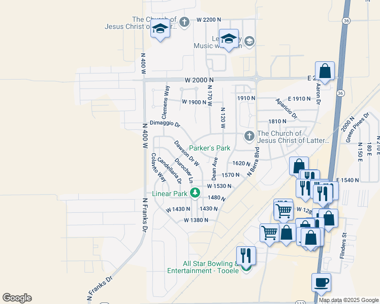 map of restaurants, bars, coffee shops, grocery stores, and more near 212 Drysdale Way in Tooele
