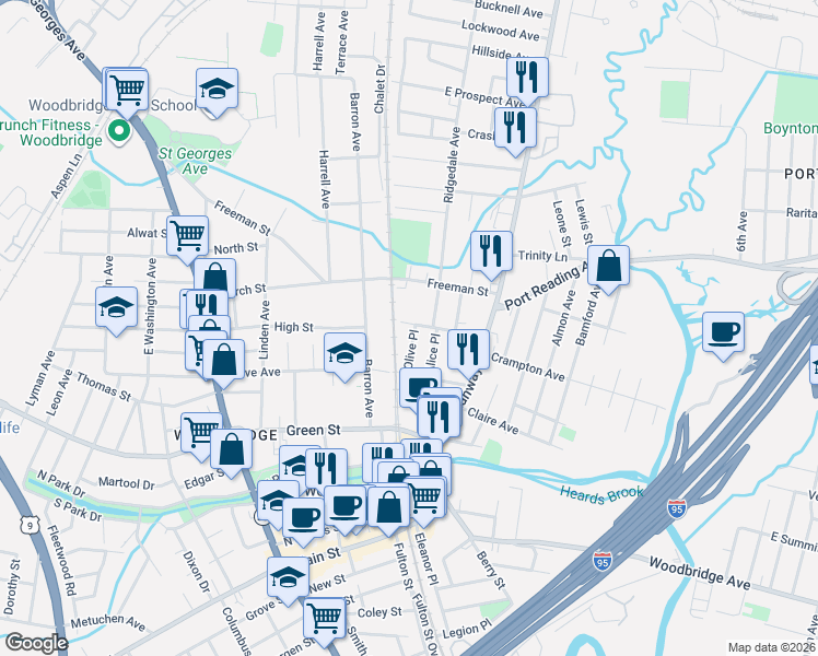 map of restaurants, bars, coffee shops, grocery stores, and more near 581 Ridgedale Avenue in Woodbridge Township