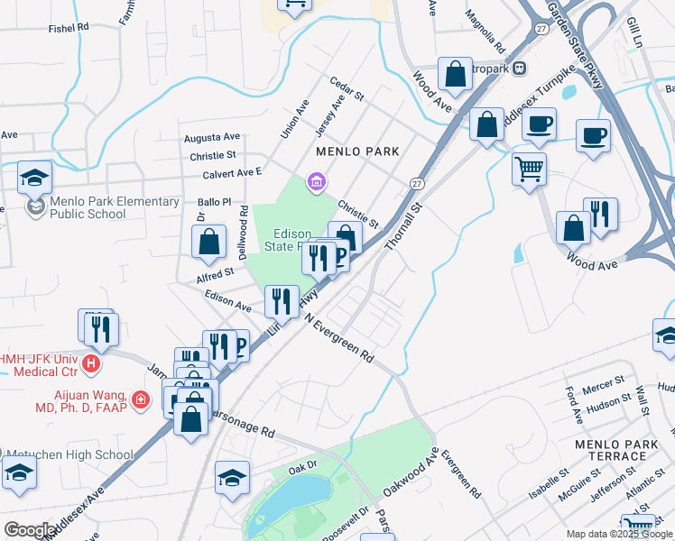 map of restaurants, bars, coffee shops, grocery stores, and more near 72 Monmouth Avenue in Edison