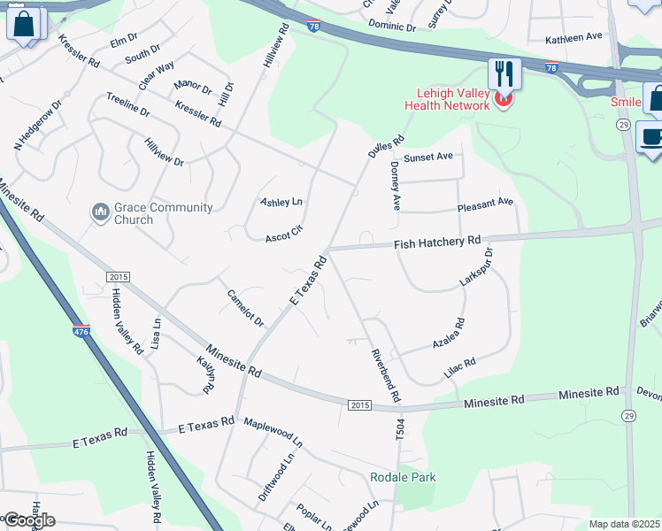 map of restaurants, bars, coffee shops, grocery stores, and more near 4110 East Texas Road in Allentown