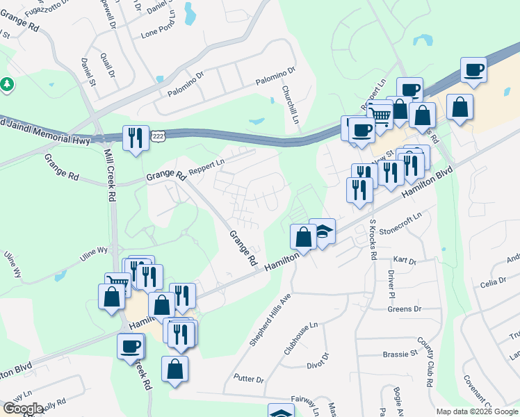 map of restaurants, bars, coffee shops, grocery stores, and more near 1170 Grange Road in Allentown