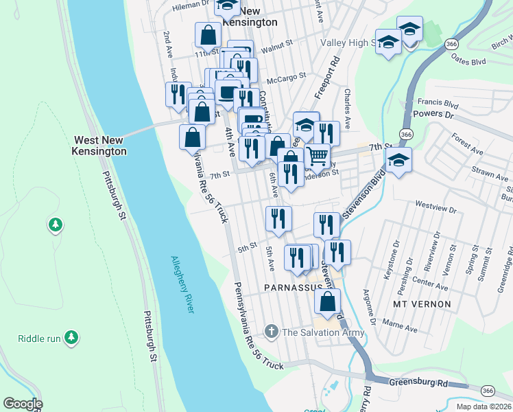 map of restaurants, bars, coffee shops, grocery stores, and more near 612 5th Avenue in New Kensington