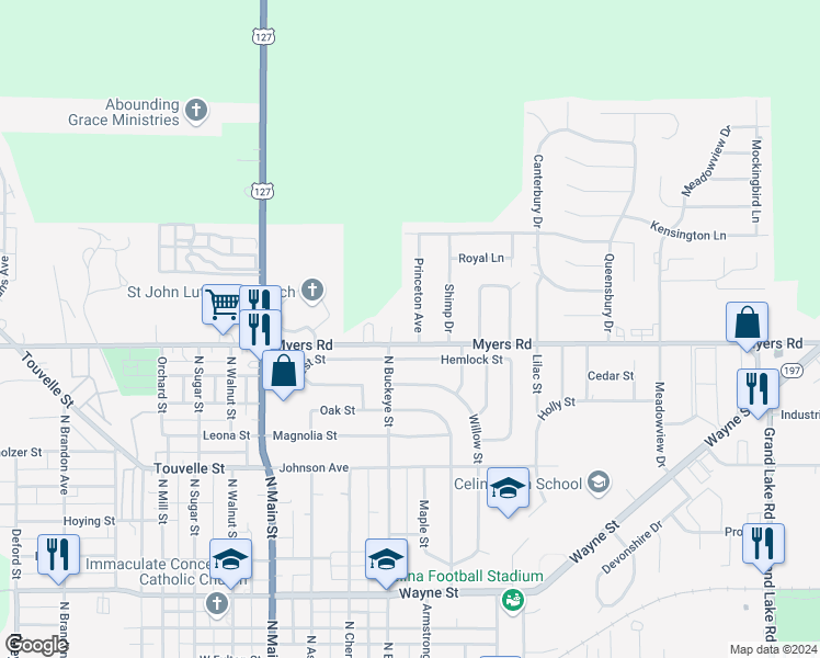 map of restaurants, bars, coffee shops, grocery stores, and more near 1117 Princeton Avenue in Celina