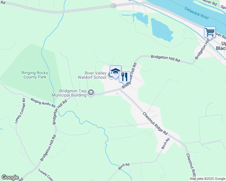map of restaurants, bars, coffee shops, grocery stores, and more near 1393 Bridgeton Hill Road in Upper Black Eddy