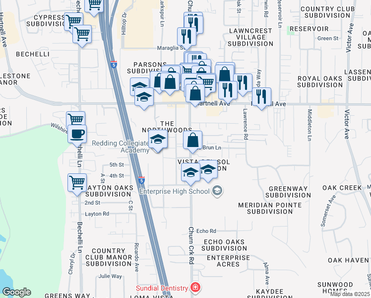map of restaurants, bars, coffee shops, grocery stores, and more near 3210 Churn Creek Road in Redding