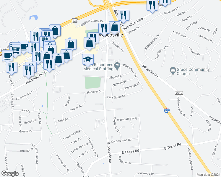 map of restaurants, bars, coffee shops, grocery stores, and more near 5021 Cypress Street in Wescosville