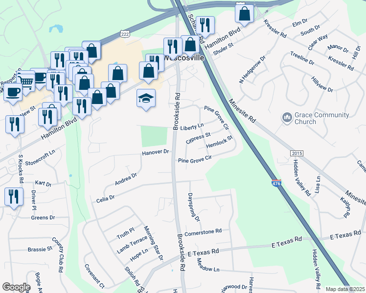 map of restaurants, bars, coffee shops, grocery stores, and more near 5021 Cypress Street in Wescosville