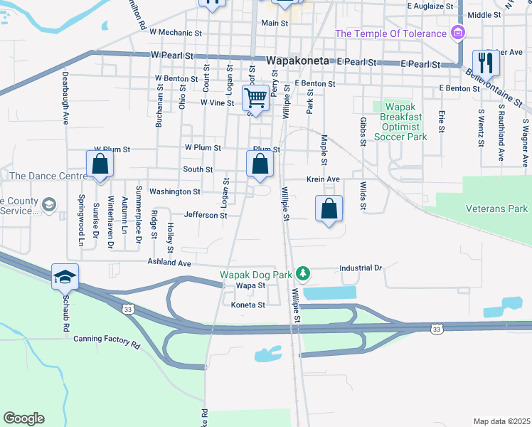 map of restaurants, bars, coffee shops, grocery stores, and more near 902 South Blackhoof Street in Wapakoneta