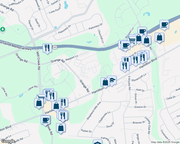 map of restaurants, bars, coffee shops, grocery stores, and more near 1170 Grange Road in Allentown