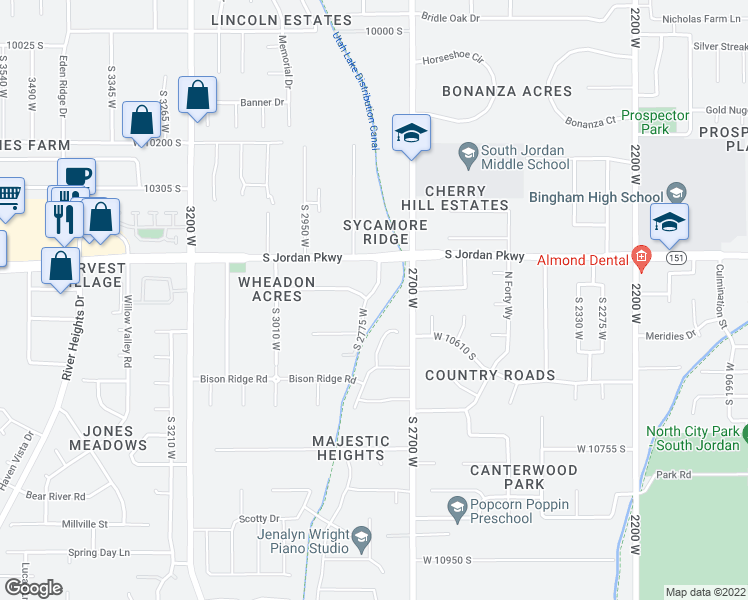 map of restaurants, bars, coffee shops, grocery stores, and more near 10457 South 2775 West in South Jordan