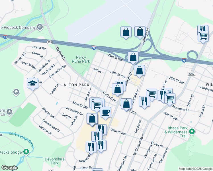map of restaurants, bars, coffee shops, grocery stores, and more near 2955 Diamond Avenue in Allentown