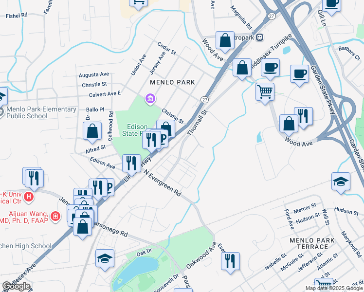 map of restaurants, bars, coffee shops, grocery stores, and more near 333 Thornall Street in Edison