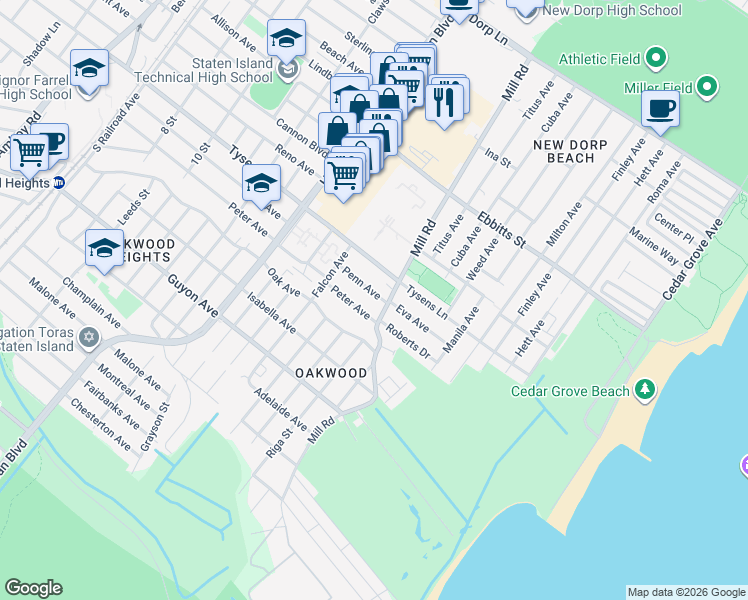 map of restaurants, bars, coffee shops, grocery stores, and more near 349 Penn Avenue in Staten Island