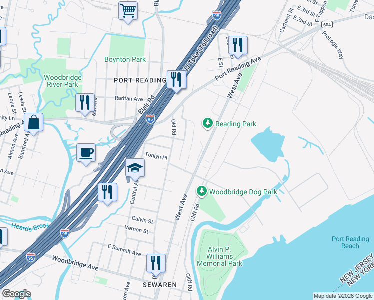 map of restaurants, bars, coffee shops, grocery stores, and more near 38 Ned Court in Woodbridge Township