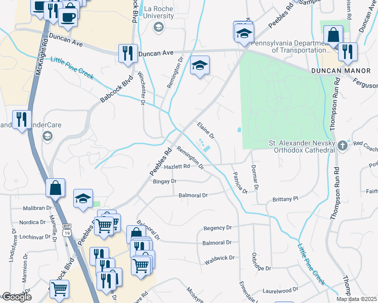 map of restaurants, bars, coffee shops, grocery stores, and more near 8270 Remington Drive in Pittsburgh