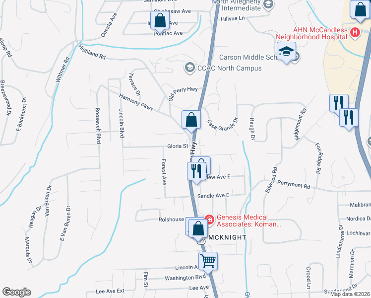 map of restaurants, bars, coffee shops, grocery stores, and more near 8507 U.S. 19 in Pittsburgh