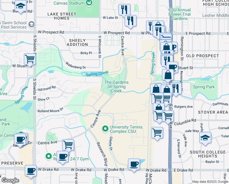 map of restaurants, bars, coffee shops, grocery stores, and more near 2145 Centre Avenue in Fort Collins