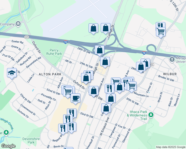 map of restaurants, bars, coffee shops, grocery stores, and more near 2919 Lehigh Street in Allentown
