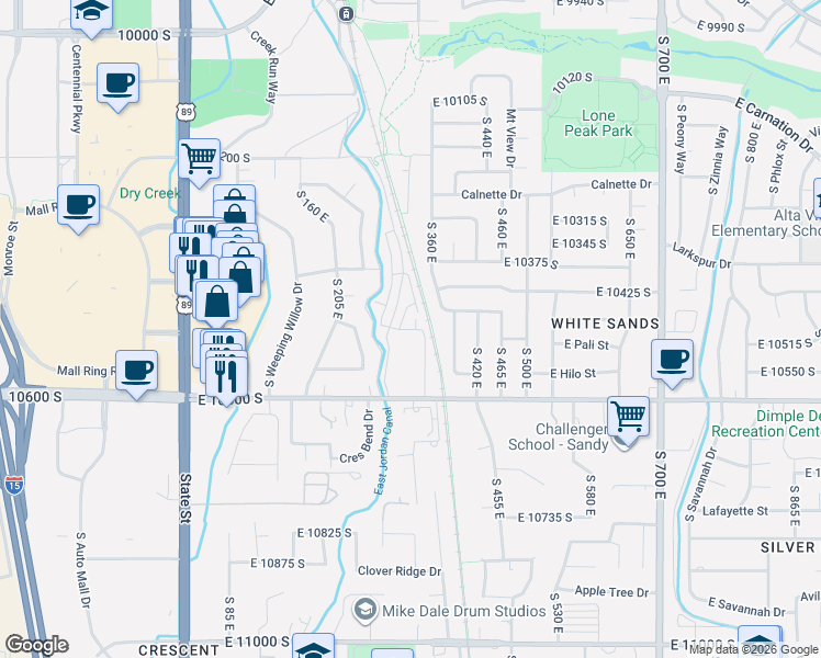 map of restaurants, bars, coffee shops, grocery stores, and more near 282 East Sandy Sage Way in Sandy