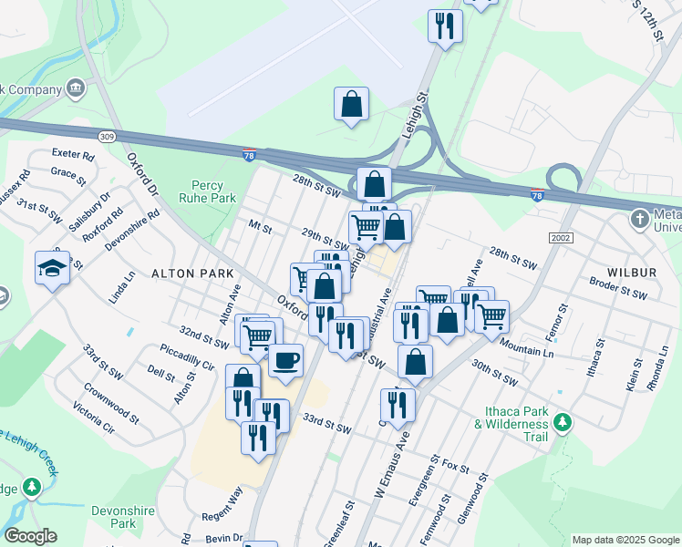 map of restaurants, bars, coffee shops, grocery stores, and more near 2930 Lehigh Street in Allentown