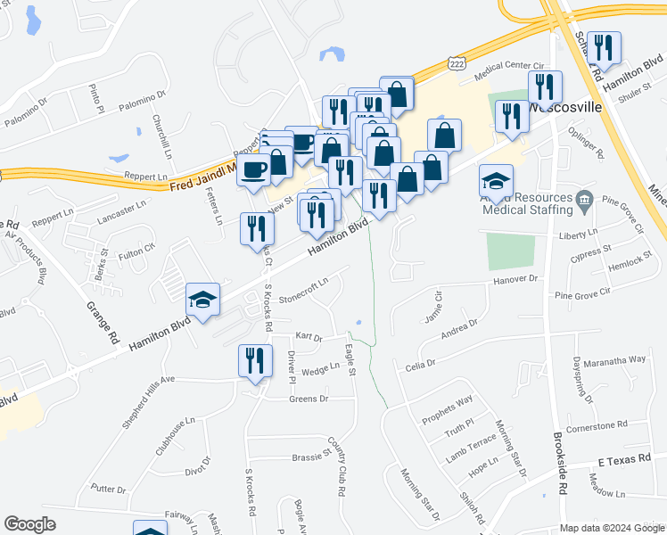 map of restaurants, bars, coffee shops, grocery stores, and more near 5531 Stonecroft Lane in Allentown