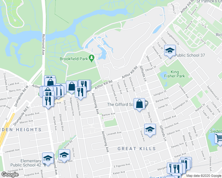map of restaurants, bars, coffee shops, grocery stores, and more near 380 Brookfield Avenue in Staten Island