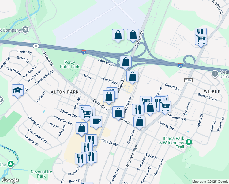 map of restaurants, bars, coffee shops, grocery stores, and more near 2930 Lehigh Street in Allentown