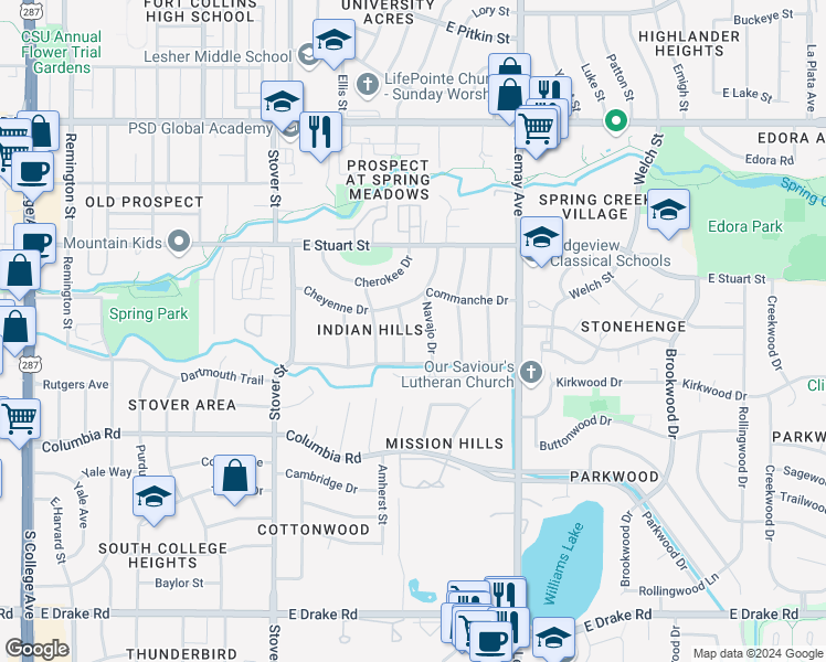 map of restaurants, bars, coffee shops, grocery stores, and more near 1905 Navajo Drive in Fort Collins