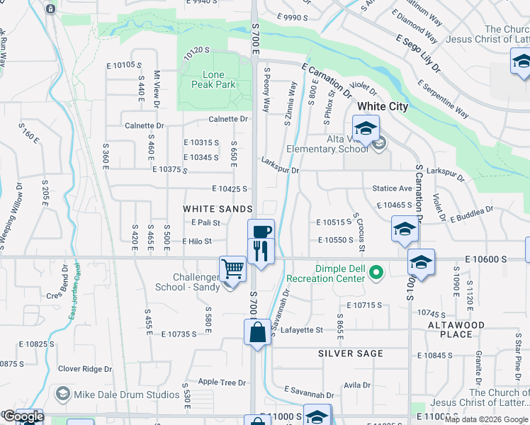 map of restaurants, bars, coffee shops, grocery stores, and more near 723 Sand Dollar Drive in Sandy