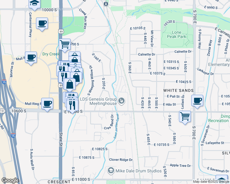 map of restaurants, bars, coffee shops, grocery stores, and more near 10462 South Sandy Sage Way in Sandy