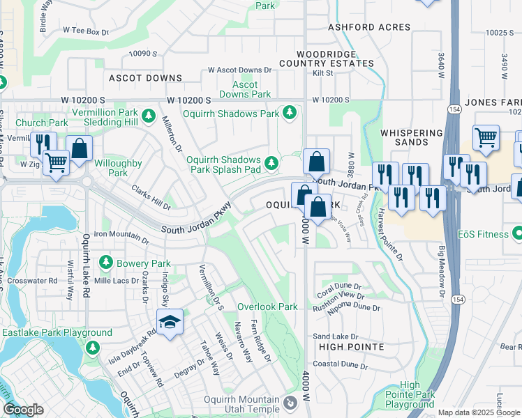map of restaurants, bars, coffee shops, grocery stores, and more near 4101 Shady Plum Way in South Jordan