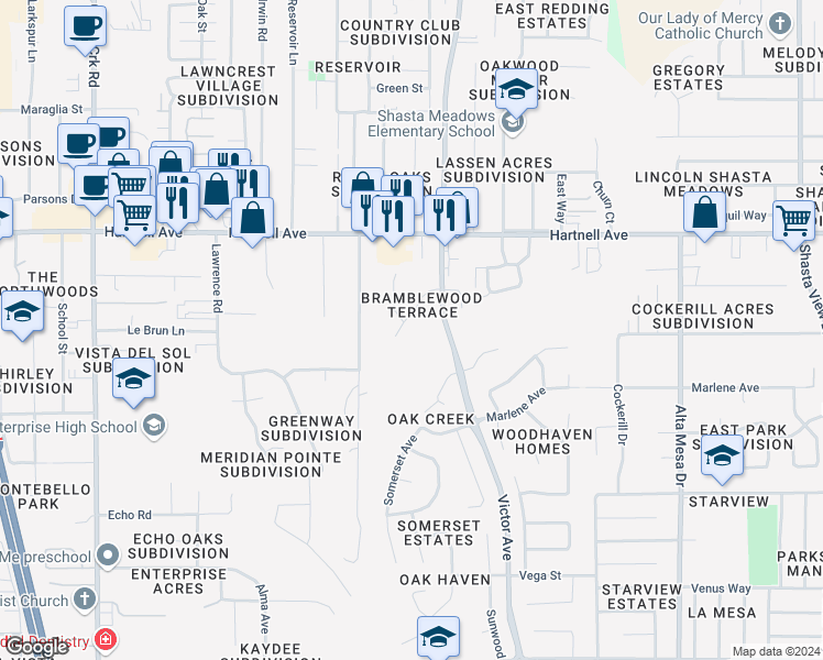 map of restaurants, bars, coffee shops, grocery stores, and more near 1655 Bramble Place in Redding
