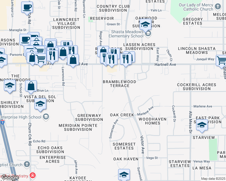 map of restaurants, bars, coffee shops, grocery stores, and more near 3064 Catalpa Court in Redding
