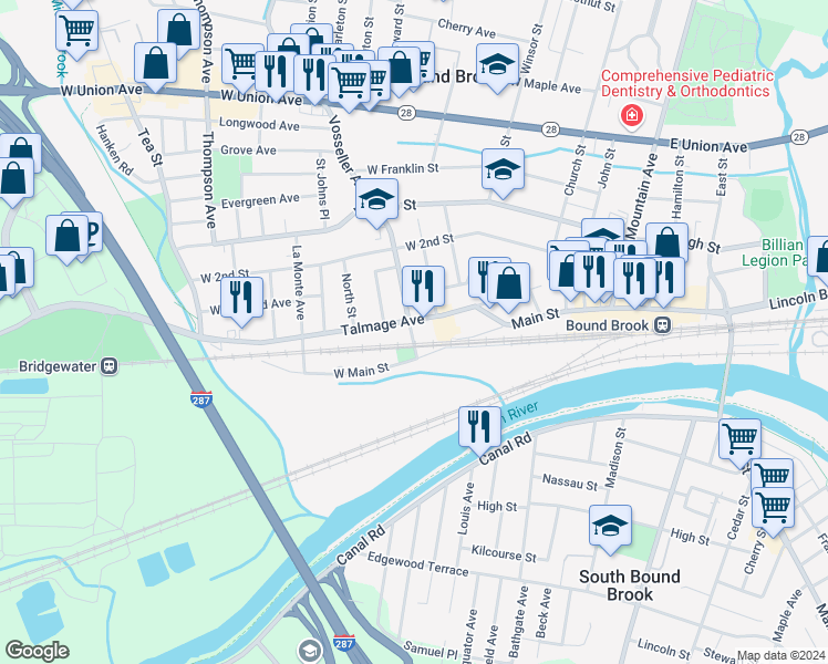 map of restaurants, bars, coffee shops, grocery stores, and more near 207 Talmage Avenue in Bound Brook