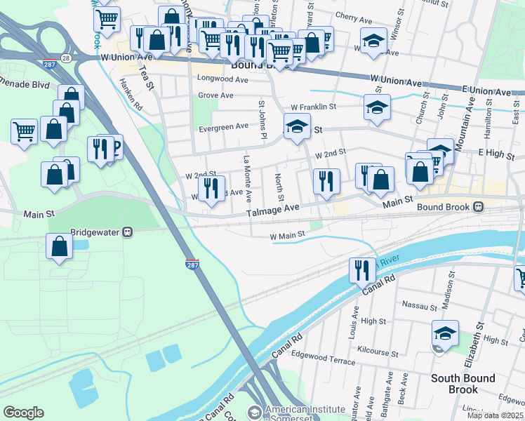 map of restaurants, bars, coffee shops, grocery stores, and more near 132 La Monte Avenue in Bound Brook