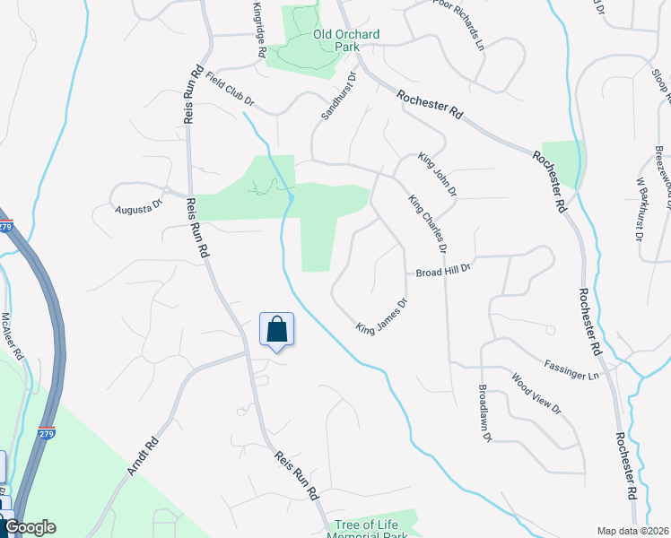 map of restaurants, bars, coffee shops, grocery stores, and more near 1648 King James Drive in Pittsburgh