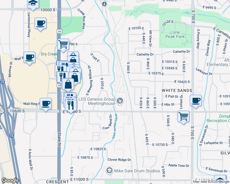 map of restaurants, bars, coffee shops, grocery stores, and more near 262 East Sandy Sage Way in Sandy