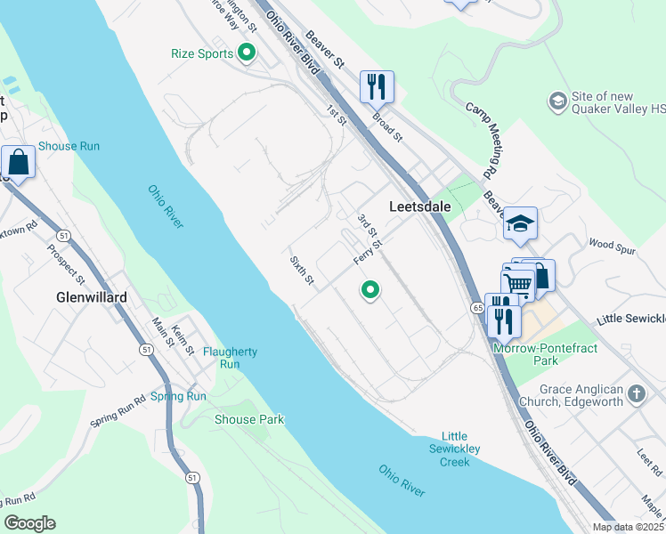 map of restaurants, bars, coffee shops, grocery stores, and more near in Leetsdale