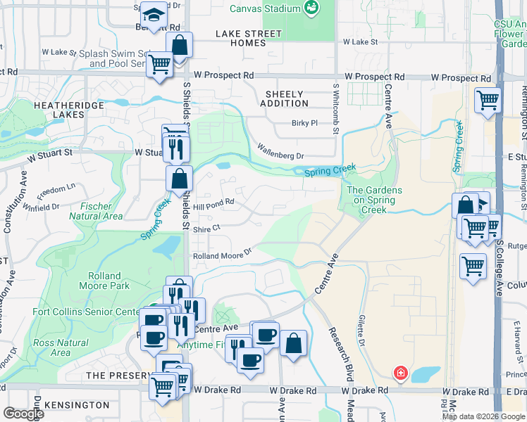 map of restaurants, bars, coffee shops, grocery stores, and more near 812 Shire Court in Fort Collins