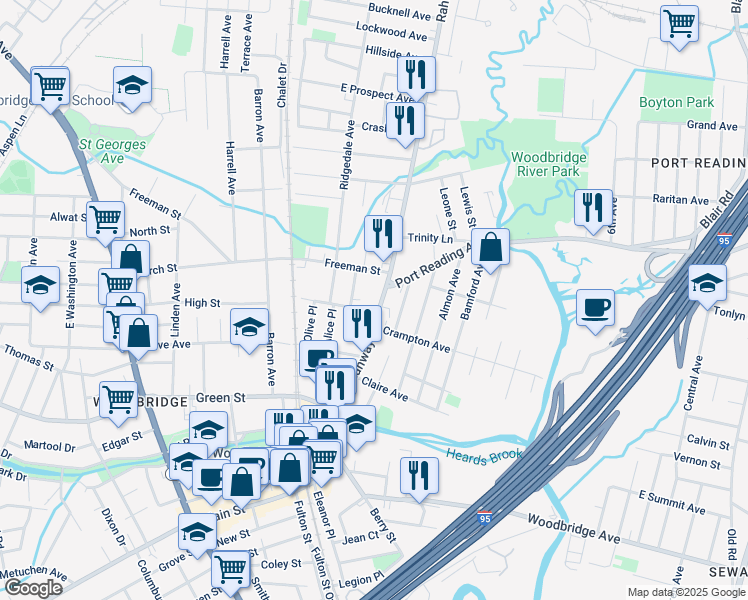 map of restaurants, bars, coffee shops, grocery stores, and more near 585 Rahway Avenue in Woodbridge Township