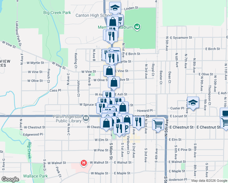 map of restaurants, bars, coffee shops, grocery stores, and more near 411 North Main Street in Canton