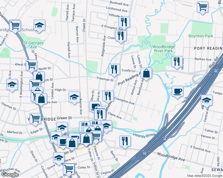 map of restaurants, bars, coffee shops, grocery stores, and more near 585 Rahway Avenue in Woodbridge Township