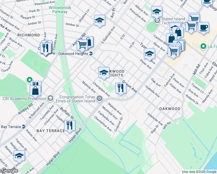 map of restaurants, bars, coffee shops, grocery stores, and more near 200 Adelaide Avenue in Staten Island