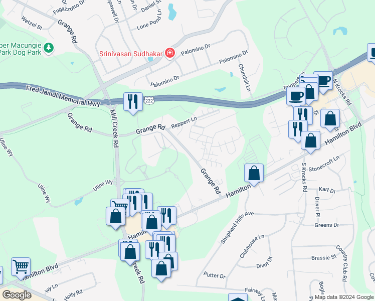 map of restaurants, bars, coffee shops, grocery stores, and more near 1190 Grange Road in Allentown