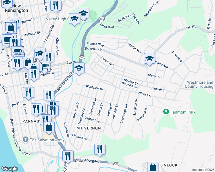 map of restaurants, bars, coffee shops, grocery stores, and more near 518 Woodland Drive in New Kensington