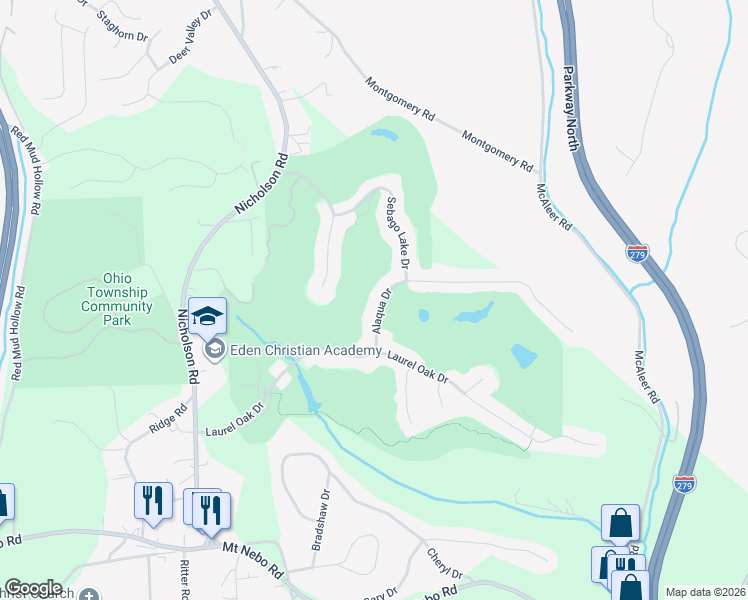 map of restaurants, bars, coffee shops, grocery stores, and more near 127 Alaqua Drive in Sewickley