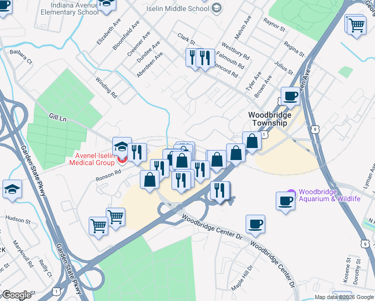 map of restaurants, bars, coffee shops, grocery stores, and more near 701 Cheryl Drive in Woodbridge Township
