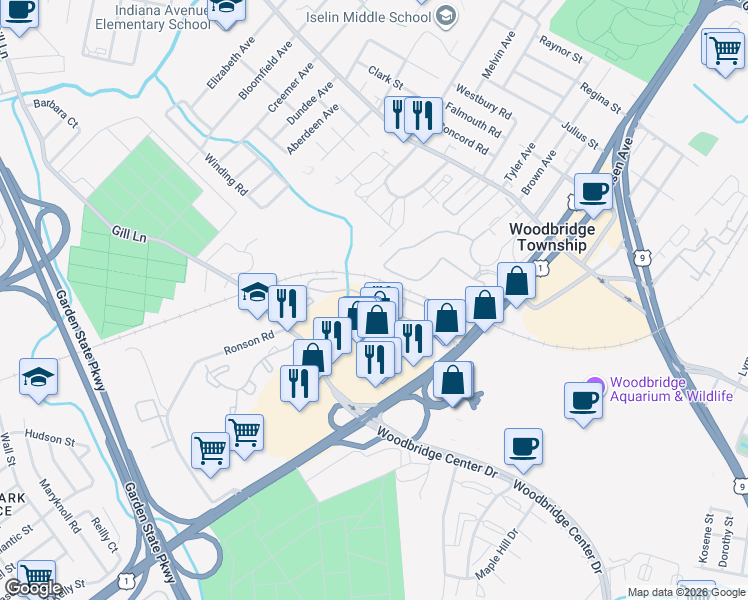 map of restaurants, bars, coffee shops, grocery stores, and more near 701 Cheryl Drive in Woodbridge Township