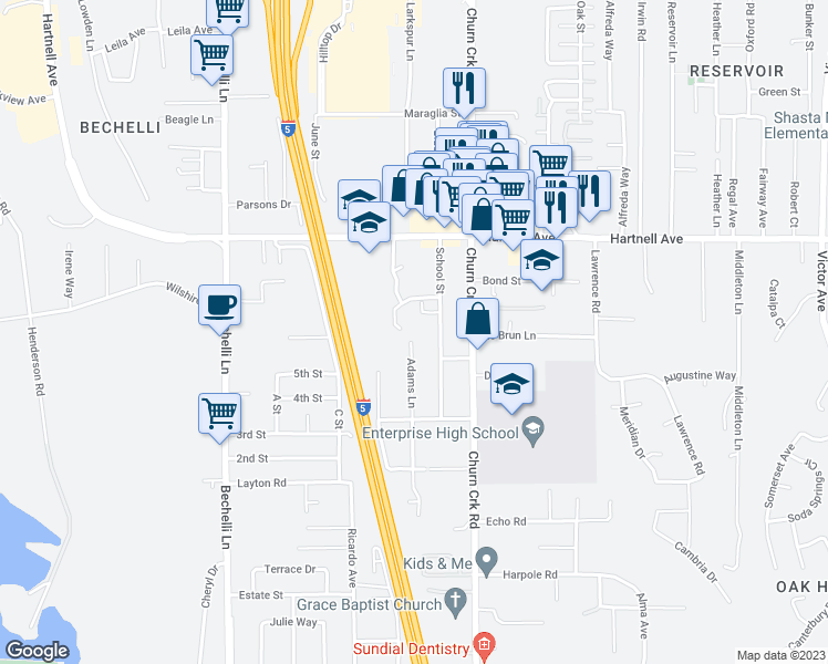 map of restaurants, bars, coffee shops, grocery stores, and more near 3198 School Street in Redding